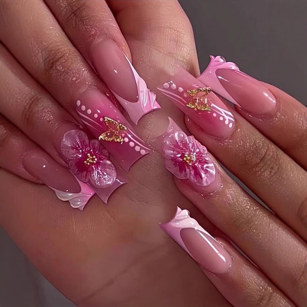 Nail Art Gliter - 24 szt. Kwadratowe, naklejane paznokcie, letni,